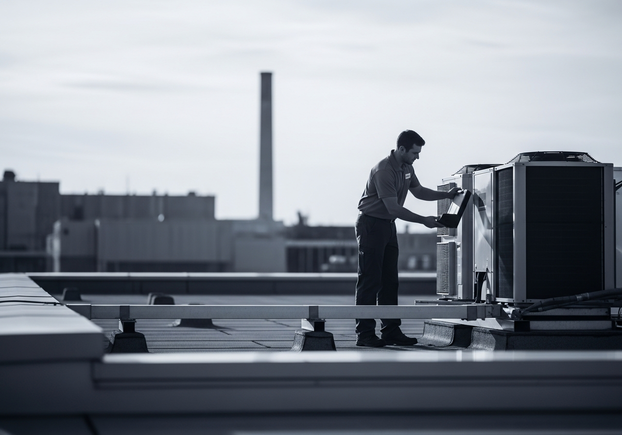 HVAC technician inspecting rooftop unit